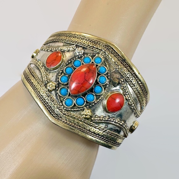 Vintage Afghan Bracelet: Cuff Kuchi Middle Eastern Blue Red Boho #2 - Picture 1 of 6